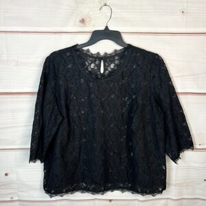 Talbots Top Womens 20W Black Lace Blouse Floral 3/4 Sleeve Round Neck Sheer